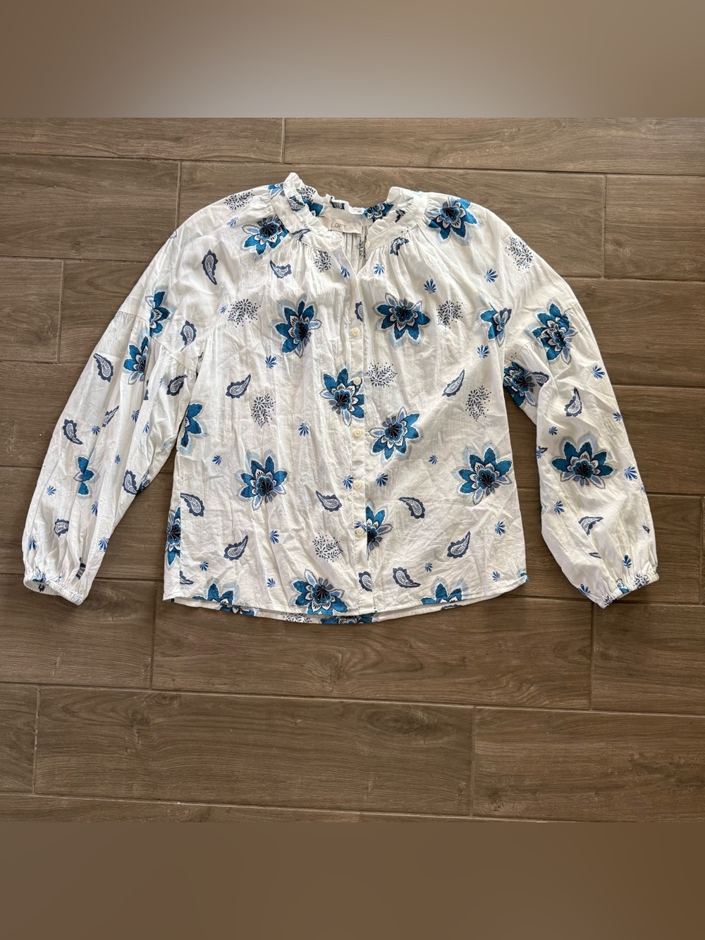 LOFT White Blouse with Blue Floral Print, Cotton, Office, Boho, Romantic, Fall